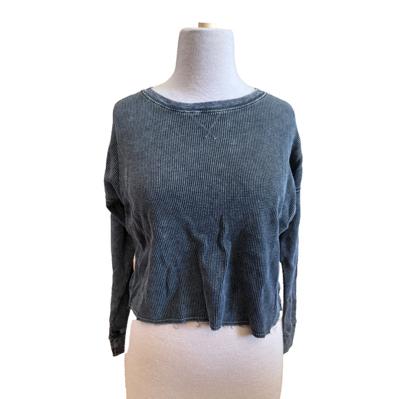 Splendid Washed Black Waffle Knit Long Sleeve Cropped Sweatshirt – Size S – NWT - Picture 1 of 3